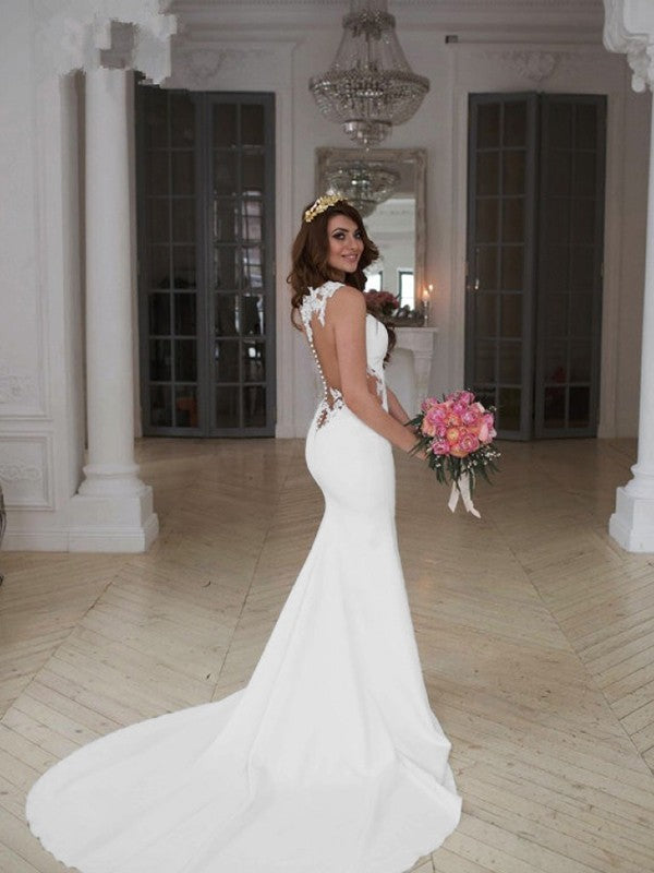 Wholesale Trumpet/Mermaid Scoop Sleeveless Sweep/Brush Train Applique Stretch Crepe Wedding Dresses